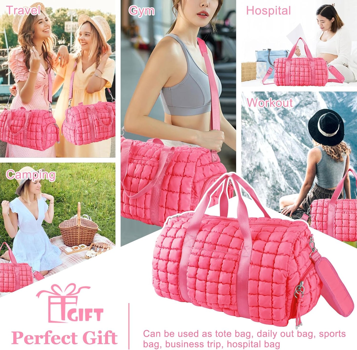 Quilted Travel Duffle Bag Gym Bag for Women,Large Puffer Duffle Weekender Bag with Compartment,Workout Overnight Carry on Organizer Bag Duffle Bag for Airplane Travel(L-Pink)
