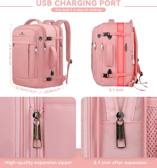 Travel Laptop Backpack for Women, 50L Expandable Extra Large Backpack,Carry On Backpack, Water Resistant Big Bag Anti-Theft Business Daypack Fits 17 Inch Laptop with USB Port, Pink