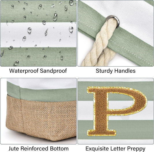 Becokan Beach Bag Initial Beach Tote with Makeup Bag for Travel Work Storage Personalized Birthday Gifts for Women Her