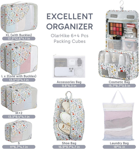 ALL INCLUDED 10 Set Durable Packing Cubes for Suitcases,OlarHike Essentials for Travel,UPGRADED Anti-Tear Stitching, NEW Improved Luggage Packing Organizers for Travel Accessories (Flower)