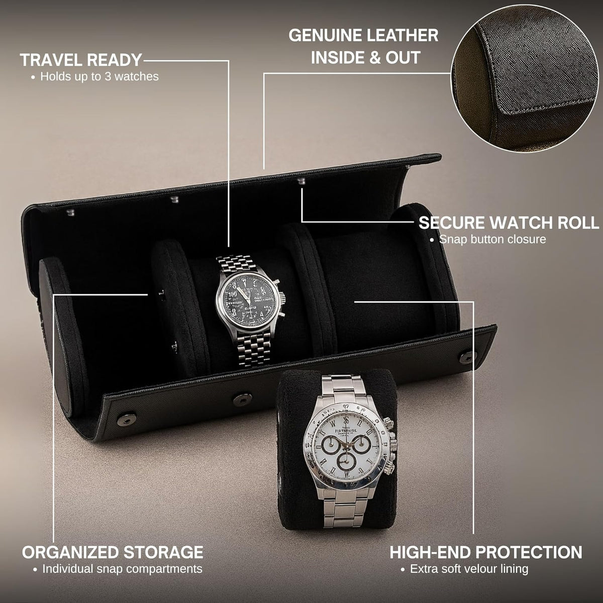 Bey-Berk Milani Leather Watch Roll - Luxury 3 Watch Travel Case for Men, Women, Genuine Leather with Soft Velour Lining and Snap Closure - Black