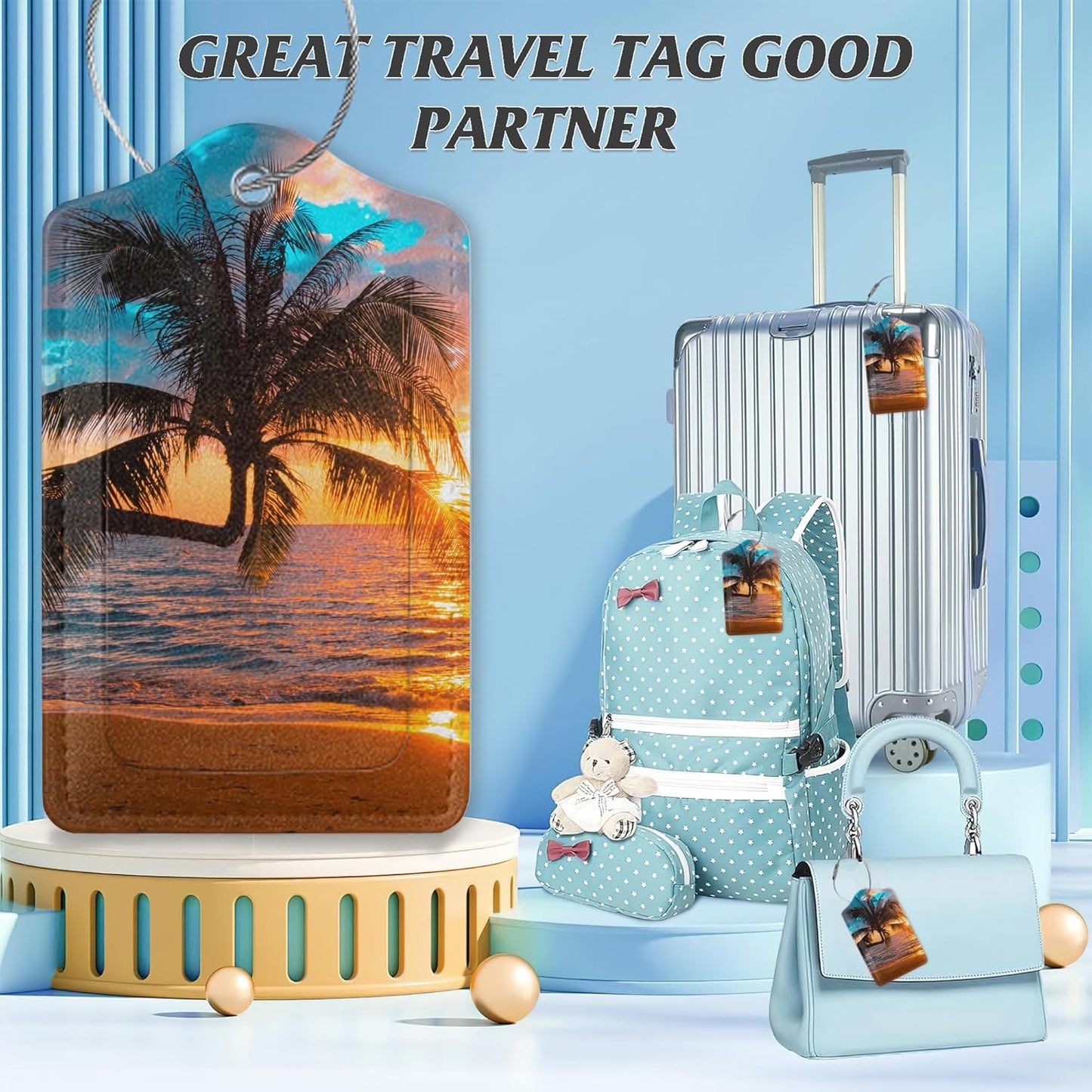 3 Pack Luggage Tag for Suitcase,Tropical Sunset Palm Leather Luggage Tags with Privacy Cover Name ID Label Identifiers Travel Bag Tags for Women Men Boys Girls