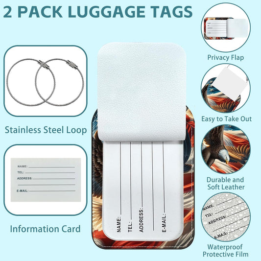 2 Pack Cute Luggage Tag for Suitcases Eagle and American Flag Leather Luggage Tags with Stainless Steel Loop Privacy Flap Name Tags,Men and Women Travel Bag Suitcase Tags