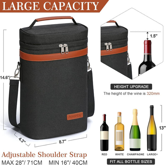 2 Bottle Wine Bag Wine Cooler Carrier Wine Gift Tote Bag, Leakproof & Insulated Bottle Bags for Travel, BYOB, Beach, Dinner, Party, Christmas Gifts for Wines Lovers Women Men - Black