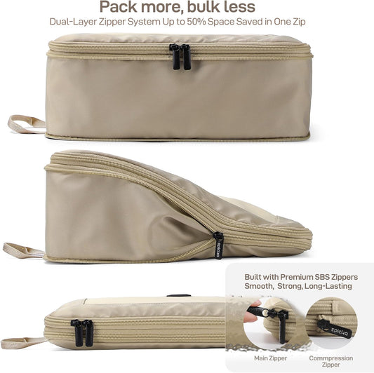EPICKA TripCozy Compression Packing Cubes - 6 Set Durable Travel Organizer Bags with Mesh Top, Expandable Travel Accessories for Carry on, Luggage, Suitcase, Backpack (Khaki)