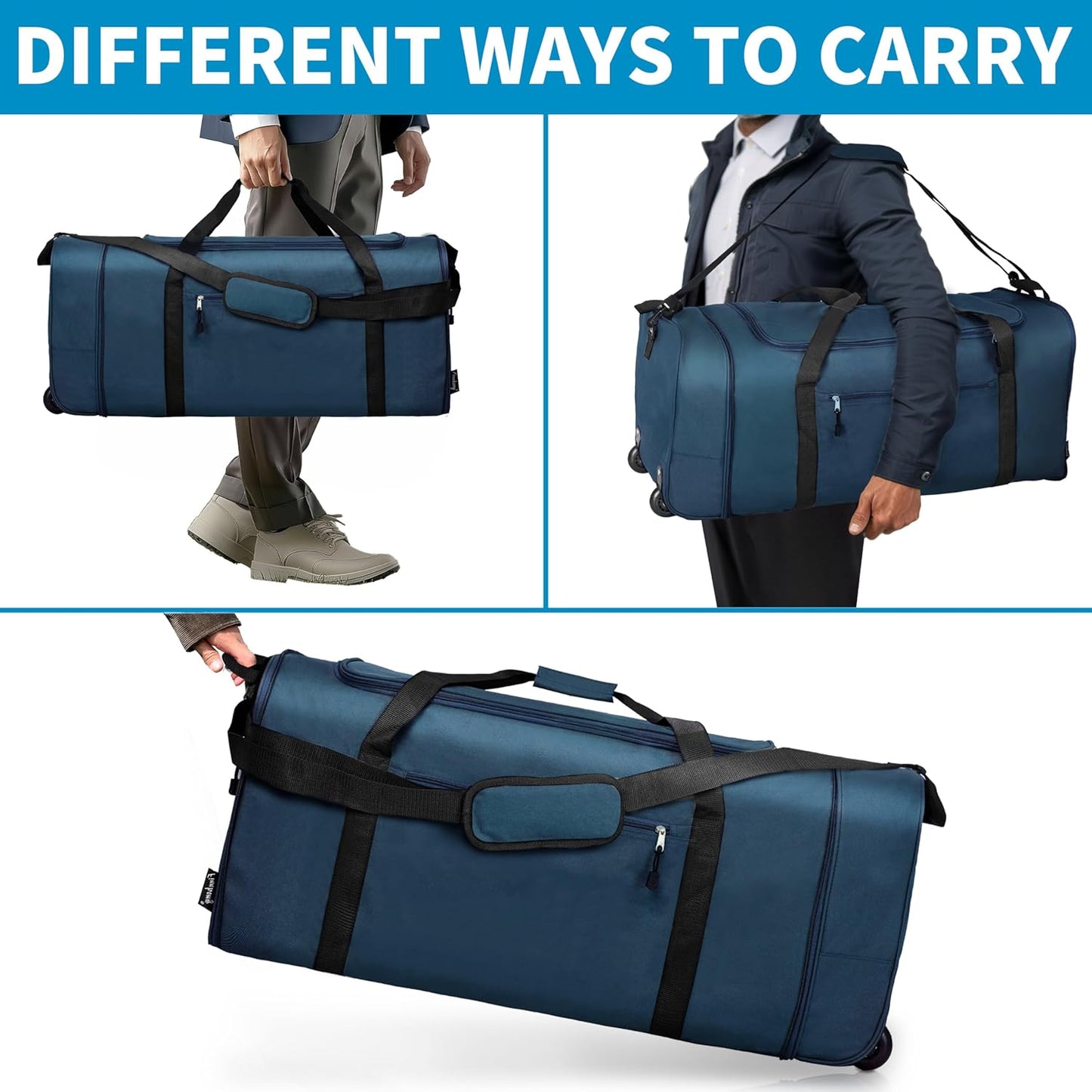 Finnhomy 100L Foldable Rolling Duffel Bag with 2 Wheels, Light Weight Travel Duffel bag with Large Loading Capacity, 32 inch Rolling Duffel bag with Shoulder Strap for Travel Camping Sports, Dark Blue