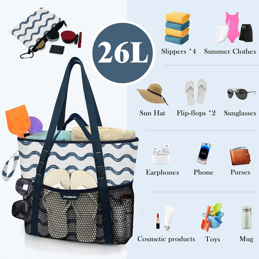 Beach Bag with Zipper - 8 Pockets Sandproof Beach Tote Bag for Women,Foldable Lightweight Family Swim Bag Vacation