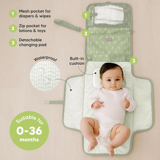 KeaBabies Portable Diaper Changing Pad - Large Waterproof Baby Changing Mat, Compact Travel Diaper Clutch, Functional Pockets Fit Newborn Essentials, Wipeable & Padded Baby Changer (Acacia)