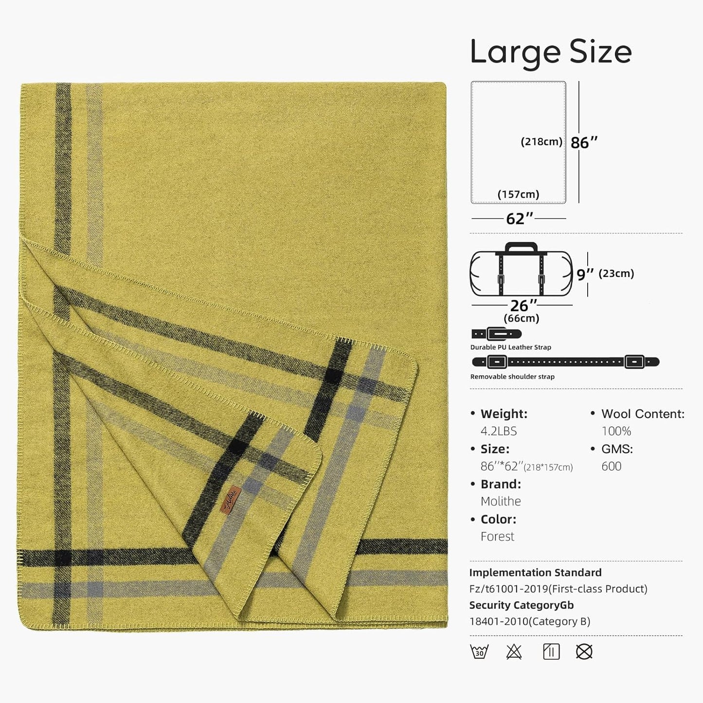 100% Wool Blanket, 62" x 86", Warm, Thick, Washable, Military Wool Blanket, Great for Camping, Outdoors, Sporting Events, Survival Kits