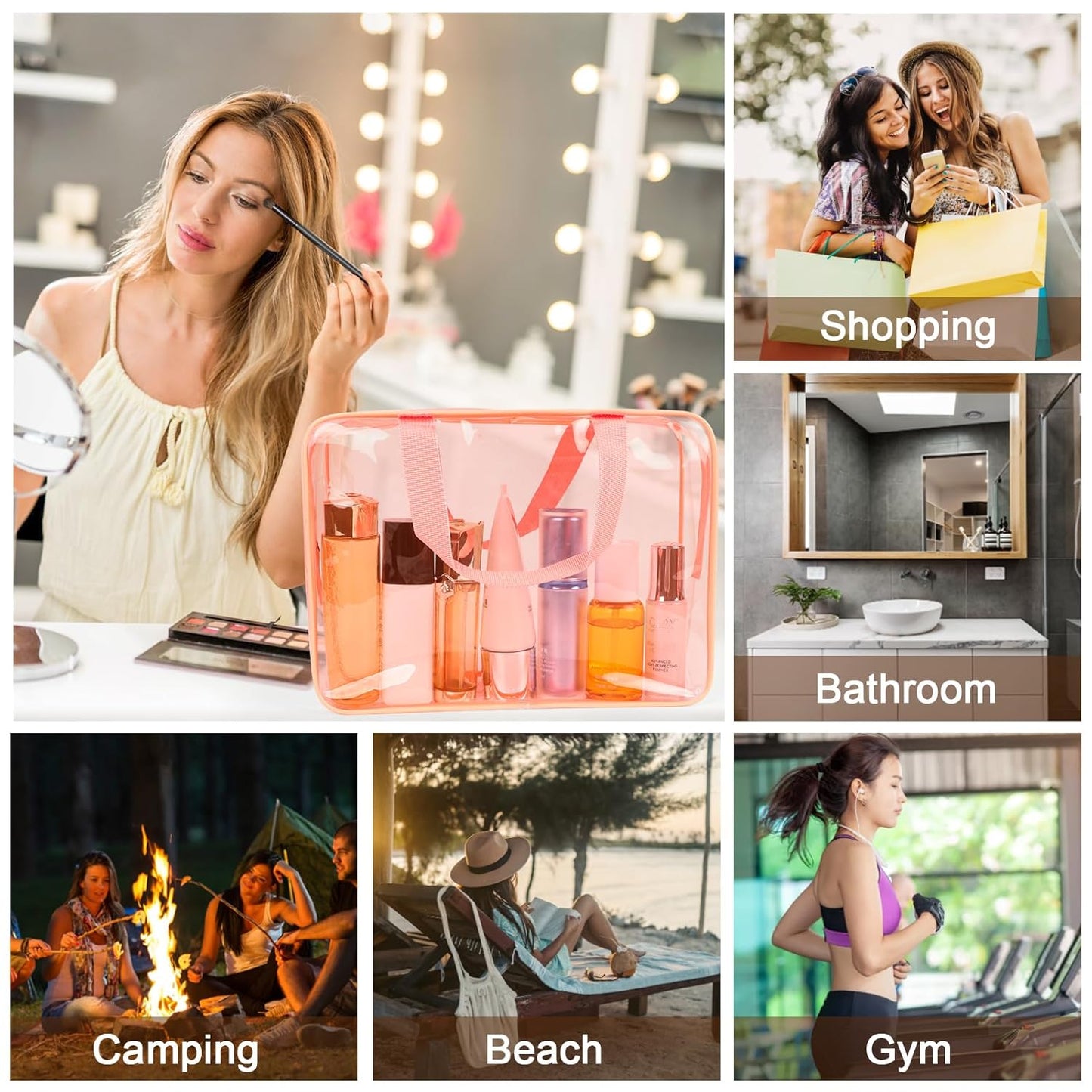 APREUTY Clear Makeup Bags, TSA Approved 6 Pcs Cosmetic Makeup Bags Set Clear PVC with Zipper Handle Portable Travel Luggage Pouch Airport Airline Vacation Organization (Peach)