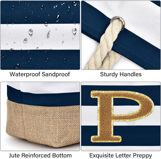 Becokan Beach Bag Initial Beach Tote with Makeup Bag for Travel Work Storage Personalized Birthday Gifts for Women Her