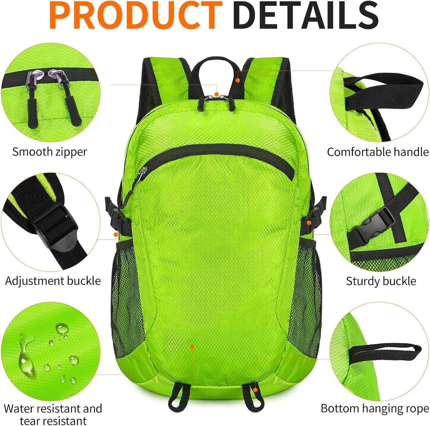 Small Hiking Daypack,15L Water-Resistant Hiking Backpack Packable Lightweight Travel Day Pack for Women Men (LinghtGreen, Small)