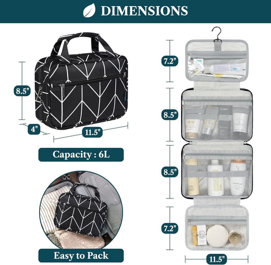 PAVILIA Hanging Toiletry Bag Travel Bag Women Men, Foldable Cosmetic Organizer, Roll up Makeup Bag, Water Resistant Accessories Toiletries, Large Travel Essentials Kit (Black Chevron)