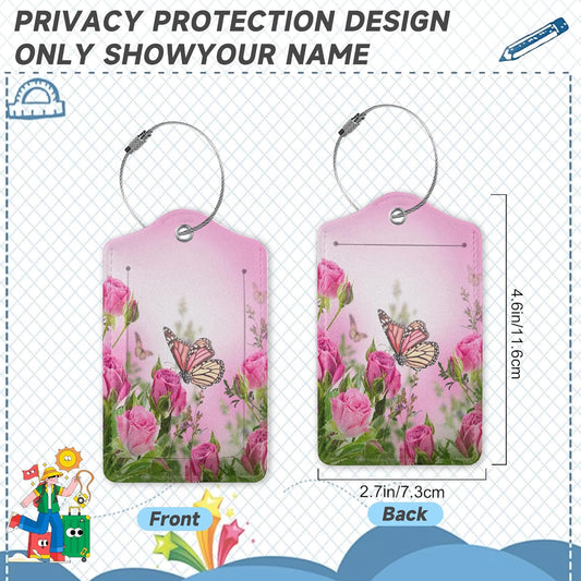 2 Pack Luggage TagsButterfly Rose Floral with Stainless Steel Loop and Privacy Cover for Women Men Travel Luggage Accessories