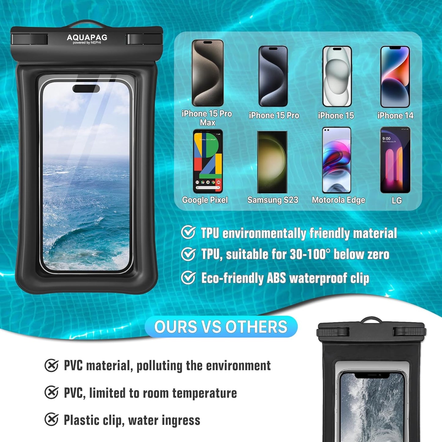 NEPHI IP68 Waterproof Phone Pouch 2 Pack-Up to 7.0",Adjustable Neck Lanyard Floating Waterproof Phone Case for iPhone,Phone Dry Bags for Vacation Beach Pool Travel Essentials (Black Green 2 Pack)