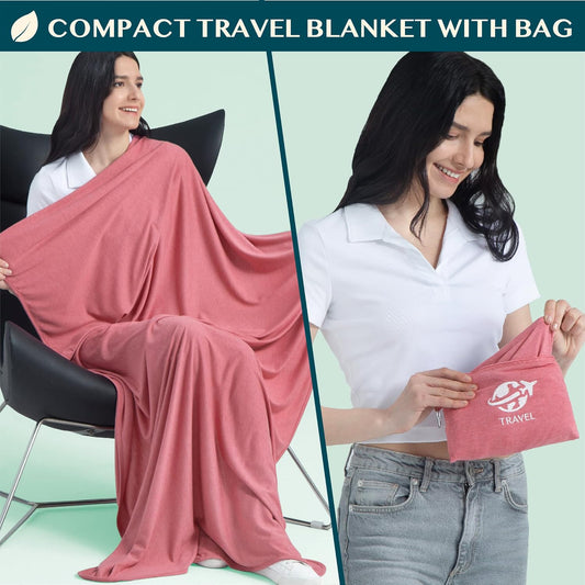 PAVILIA Soft Travel Blanket, Compact Airplane Blanket in Bag, Portable Blanket Pillow Set, Lightweight and Packable Plane Flight Car Trips Travel Home Office Gift Accessories, Pink, 65x40 inches