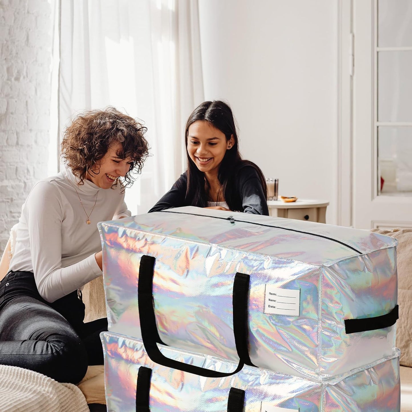 8 Pack Heavy Duty Moving Bags 24-Gallon Extra Large Waterproof Foldable Clothing Storage Totes Bags with Zipper,Reinforced Handles,Packing Moving Boxes for Dorm & Seasonal Storage,Iridescent