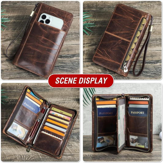 Top Grain Leather Travel Passport Wallet Holder for Man & Woman, Handmade with Three-Layer for 4 Passports & Multi Cards, RFID Blocking Large Capacity for Cards/Passports/Tickets, Brown