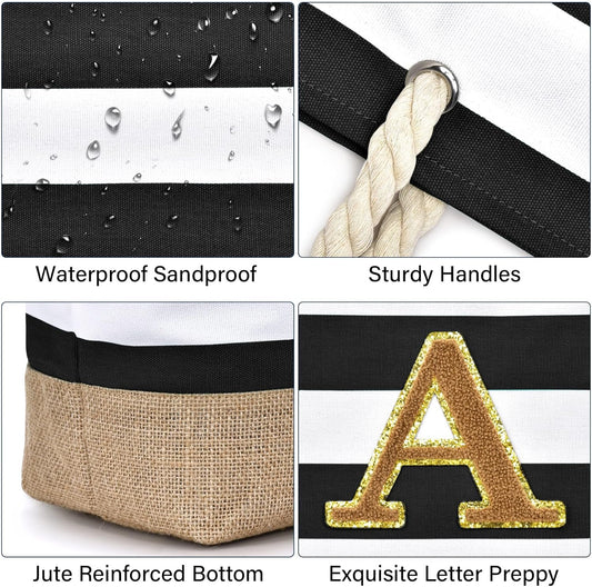 Becokan Beach Bag Initial Beach Tote with Makeup Bag for Travel Work Storage Personalized Birthday Gifts for Women Her