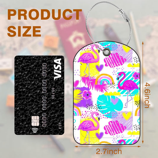 2 PCS Leather Luggage Tag for Suitcase Tropical Leaf and Flamingo Travel Suitcase Labels with Privacy Name ID Label and Stainless Steel Loop for Adults Teens Travel Bag Labels Set