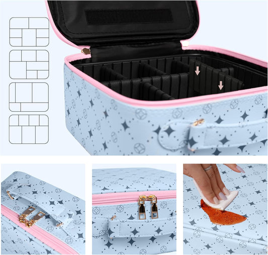 Travel Makeup Bag With 360° rotating LED Mirror,Waterproof cosmetic organizer,Portability Cosmetic case,Makeup organizer,Gift for Women,Girls Gift (Blue+Pink)
