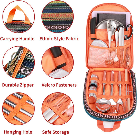 Portable Camping Kitchen Utensil Set-27 Piece Cookware Kit, Stainless Steel Outdoor Cooking and Grilling Utensil Organizer Travel Set Perfect for Travel, Picnics, RVs, Camping, BBQs, Parties and More