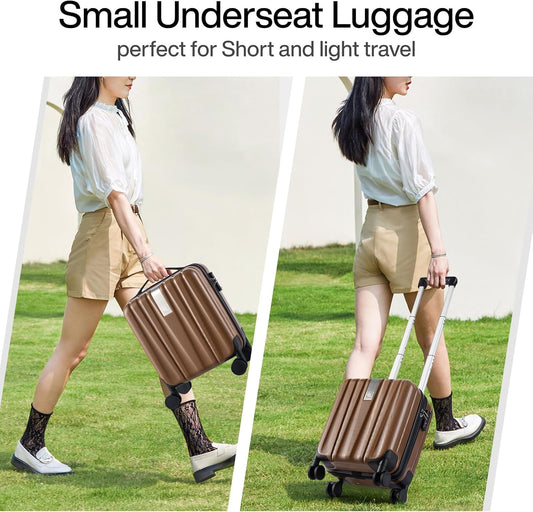 Hanke 14 Inch Underseat Carry On Luggage with Wheels Hard Shell Suitcases Lightweight Small Luggage for Weekender Mini Suitcase Carry On Bag Travel Luggage for Travel Rolling Suitcase.(Brown)
