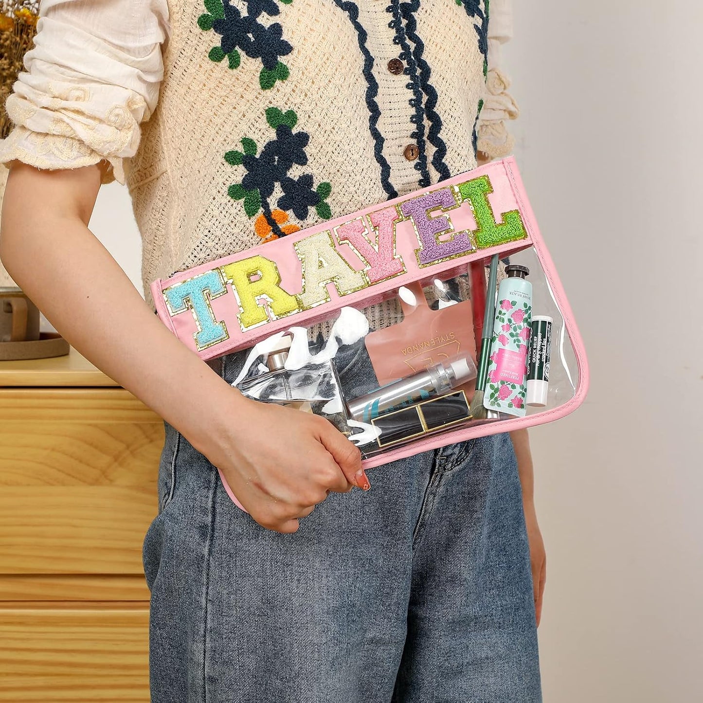 DYSHAYEN Chenille Letter Clear Zipper Pouch for Travel,Nylon Clear Cosmetic Bag,Makeup Travel Bag for Women Girls 11.8 Inches x 8.2 Inches