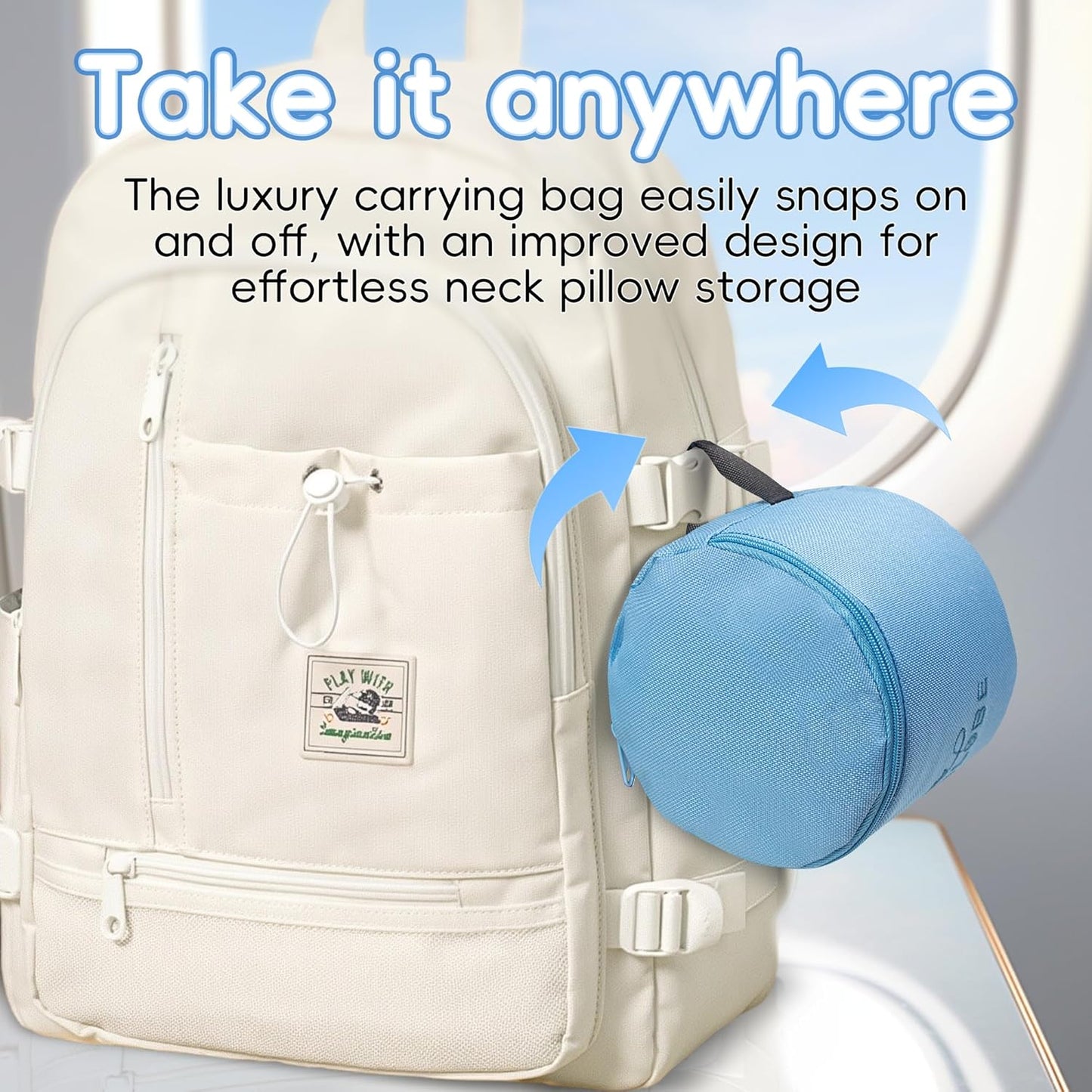 Junior Kids Travel Neck Pillow - Ergonomic Memory Foam Pillow for Airplane, Car, Booster Seat - Soft, Washable, Compact Travel Pillow with Strap - Light Blue - Ages 4–13