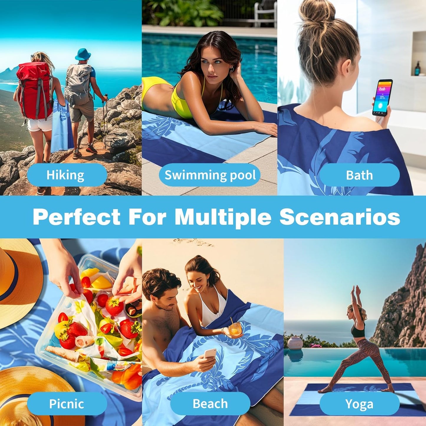 Large Beach Towel, 71" x 39" Oversized Lightweight Compact Quick Dry Sand Free Towel for Travel Swim Pool Yoga Gym Camping (Blue)