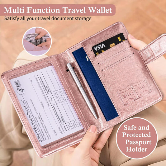 TIGARI Passport Holder for Travel Women Men, PU Leather Waterproof RFID Passport Holder Wallet Cover Case Sleeve, Family Vacation Plane Cruise Travel Document Organizer Essentials-Pink