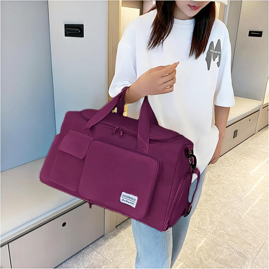 Multipurpose 20L Foldable Duffel Bag Gym Yoga Bag Carry-On Shopping Sack Travel Organizer Cabin Bag Sundry Package Wet&Dry Compartment (Wine Red)