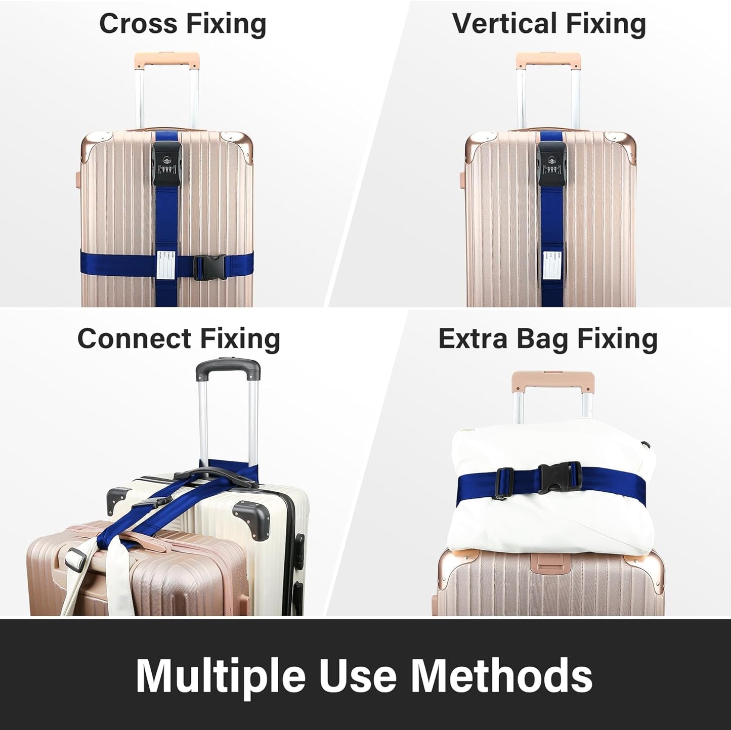 Luggage Straps, Blue TSA Approved Luggage Strap Belt with Combination Lock for Suitcases, 2 Pack Adjustable Heavy Duty Cross Suitcase Straps with Name Tags for Travel, Carry On Bags, Protect Luggage