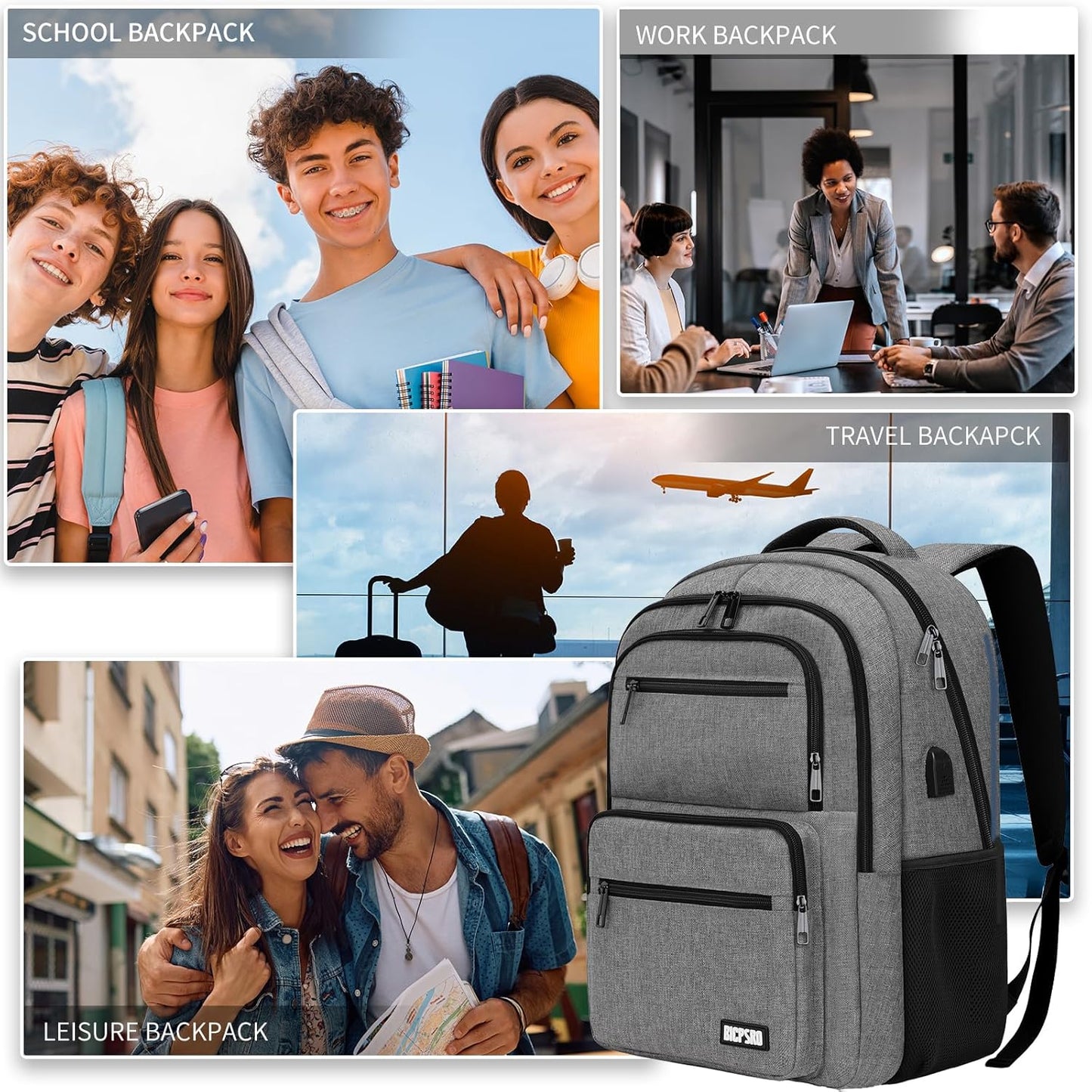 Backpack for School, School Backpack for Boys Girls Teens, College Book Bag, Water Resistant Bookbag, Back Pack for Men Women, Business Work Travel Grey