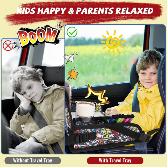 Kids Travel Tray for Airplane - Toddler Car Seat Table Tray, Road Trip Essentials for Boys & Girls, Carseat Lap Desk for Kids Road Trip Activities, Graffiti