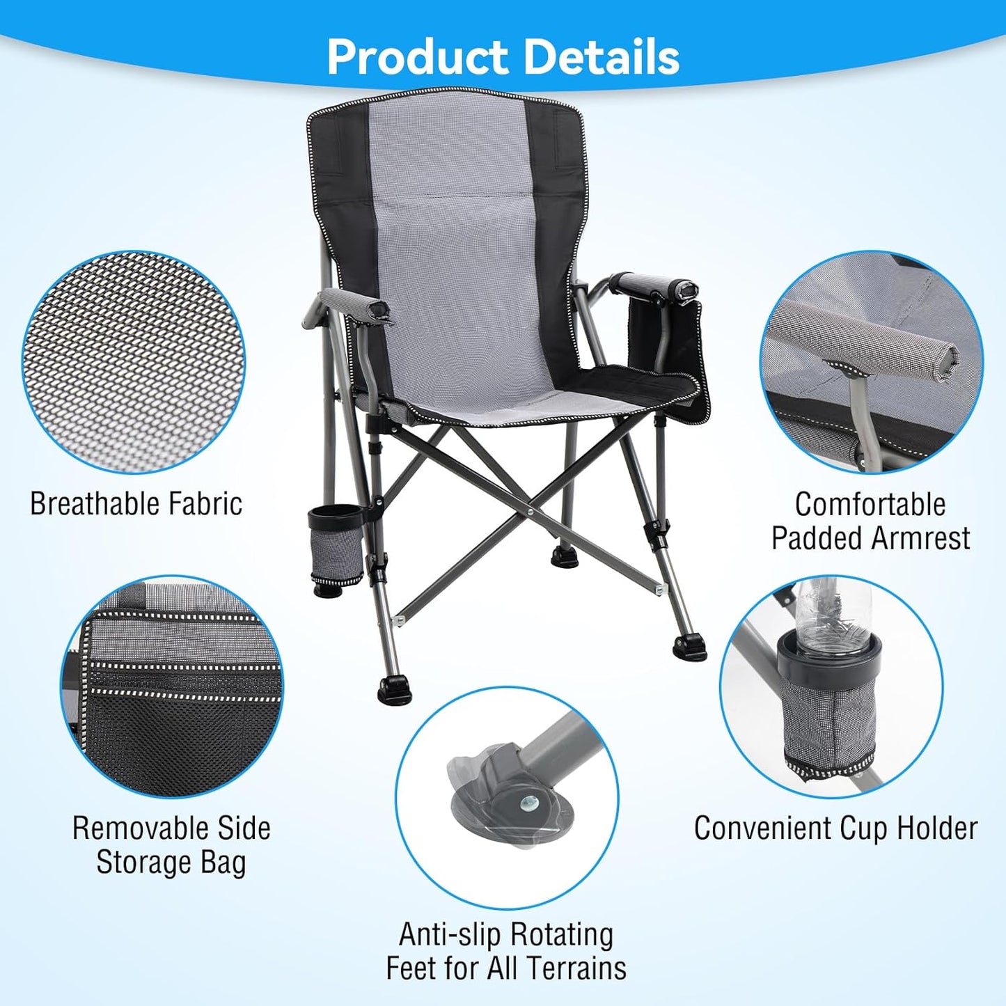 Camping Chair for Adults Heavy Duty Outdoor Patio Lawn Chairs Portable Support 350 LBS High Back Padded Oxford with Armrests, Storage Bag, Cup Holder, for Outside Fishing, Camping, Foldable