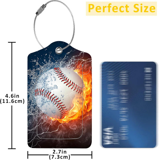 2 Pack Luggage Tags for Suitcases,Baseball Ball on Fire and Water Luggage Tag,PU Leather Id Label Luggage Tags with Stainless Steel Loop and Privacy Cover for Women Men Teens Travel