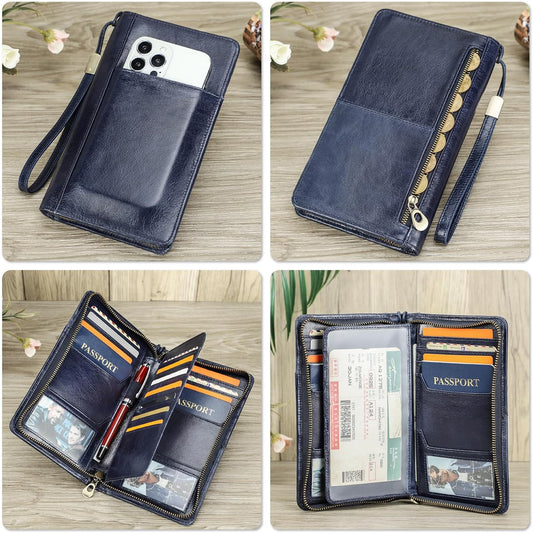 Top Grain Leather Travel Passport Wallet Holder for Man & Woman, Handmade with Three-Layer for 4 Passports & Multi Cards, RFID Blocking Large Capacity for Cards/Passports/Tickets, Blue