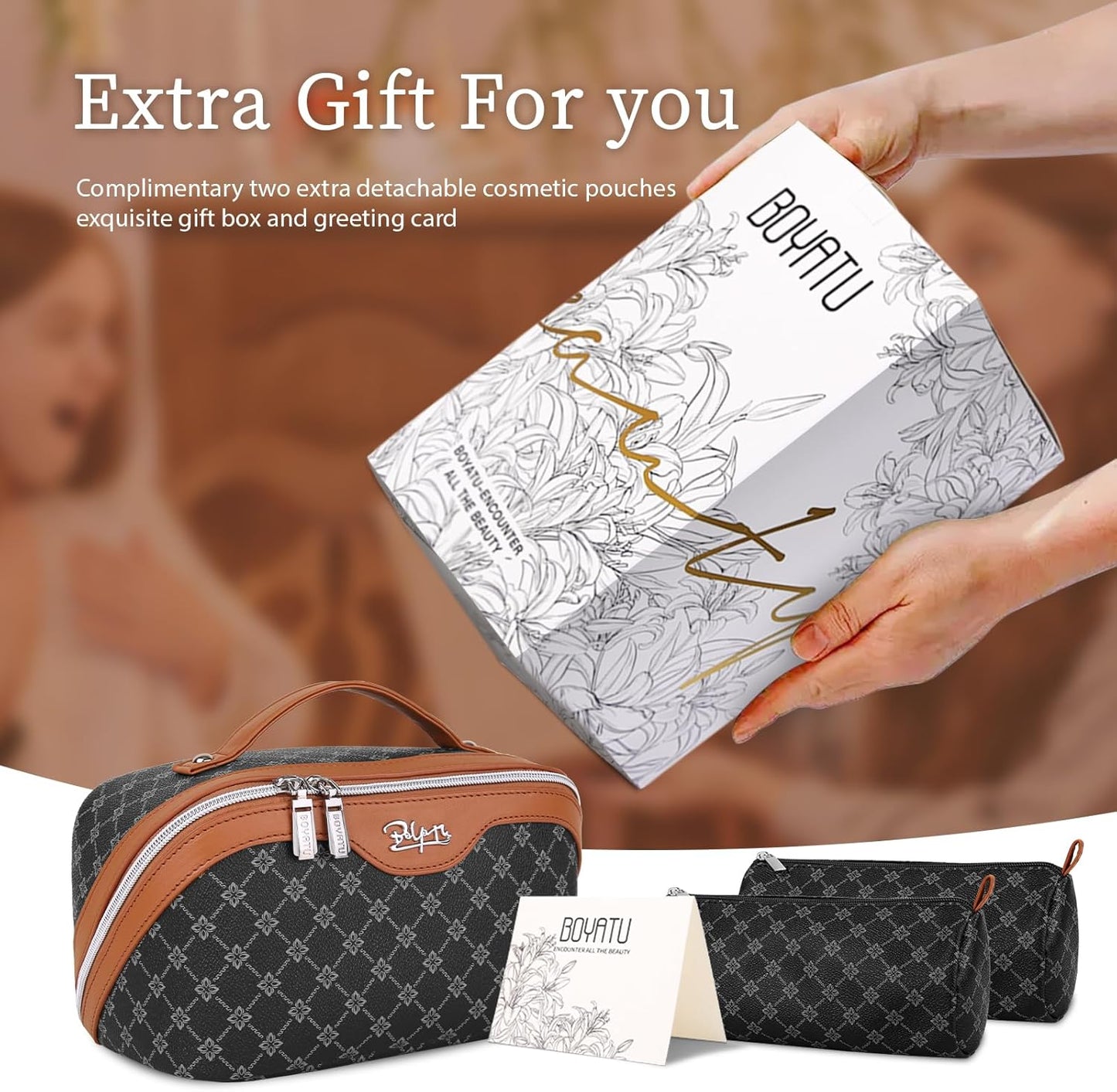 BOYATU Travel Makeup Bag Cosmetic Bags for Women: 3 Pcs Set Large Portable Make up Bag with Handle - Vegan Leather Toiletry Bags with Compartments - Makeup Organizer for Travel Essentials(01-Black)