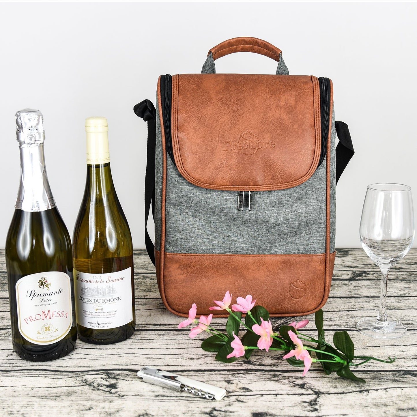 2 Bottle Wine Set Leather Insulated Bag As Gift - Luxury 2 Bottle Carrier Design For Picnic/Travel - Idea Gift For Women/Man (Reserve Place For Corkscrew Opener & Cheese, Gray Brown)