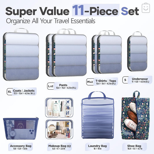 Veken 11 Set Compression Packing Cubes for Travel Essentials,Compressible Expandable Large Luggage Suitcase Organizer Bags for Clothing,Durable Space Saver Storage Bags(Dark Blue Floral)