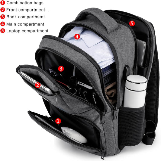 School Backpack for Teens & College Students - 17.3 Inch Laptop Backpack with USB Charging Port, Water Resistant Travel Bookbag for Men, Women, Business & University, Grey