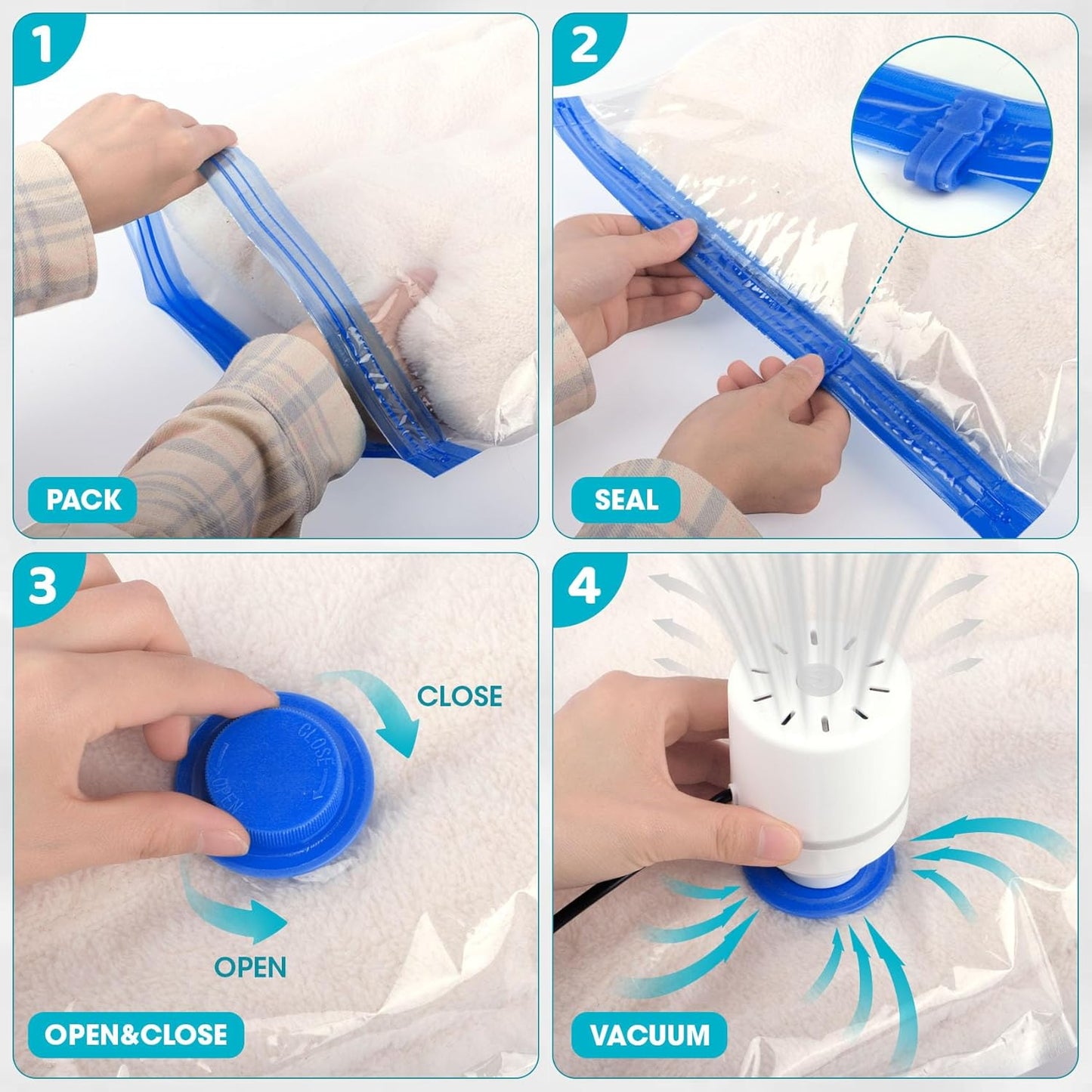 20 Pack Vacuum Storage Bags with Electric Pump, 4Jumbo/ 4Large/ 4Medium/ 4Small/ 4Roll Compression Space Saver Vacuum Seal Bags for Clothing Travel Luggage Comforters Blankets Pillows Bedding, Blue