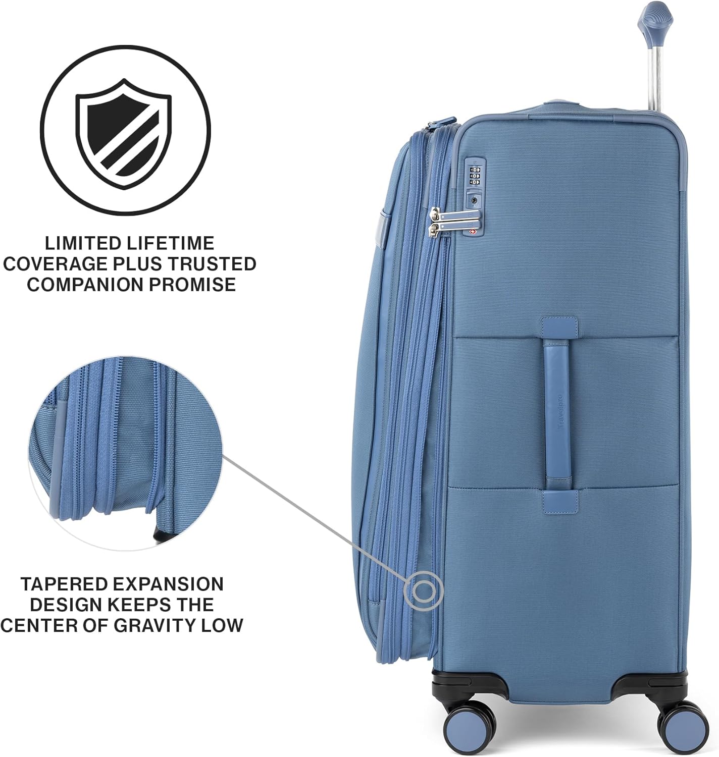 Travelpro VersaPack+ Lightweight Softside Expandable Checked Luggage, 8 Spinner Suitcase, TSA Lock, Men and Women, Checked Large 29-Inch, Elemental Blue