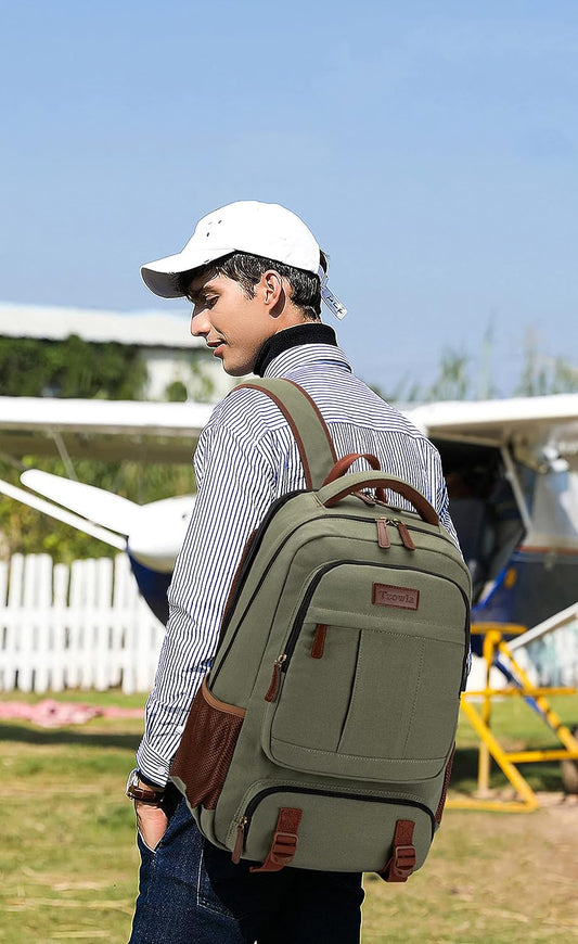 Tzowla Canvas Laptop Backpack, Bag for Men Women,Travel Work Rucksack Fits 17.3 Inch Laptop, Bookbag with USB Charging Port