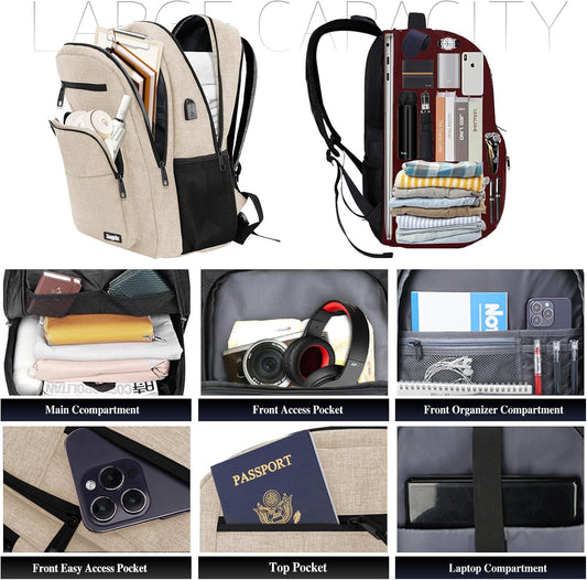Beige Backpack for Men Women, School Backpack for Boys Girls Teens, 15.6 Inch Laptop Backpacks with USB Port, Water Resistent Book bag, Work College Bookbag, back pack, Mochila para hombre