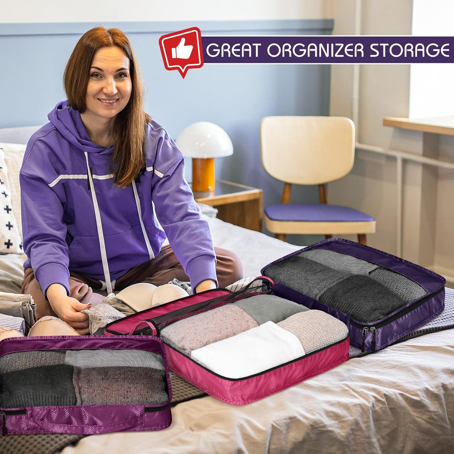 5 Pcs Packing Cubes for Suitcase Large Travel Cubes Carry on Luggage Organizer Bags for Clothes Accessories(S,Purple)