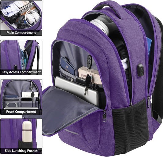 Backpack for Men Women, School Backpacks for Teen Boys, Business Anti Theft Sturdy Travel Laptop Backpack with USB Charging Port, Water Resistant 15.6 Inch Computer Bag Gift, Purple