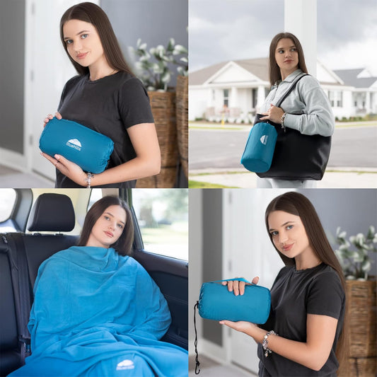 BlueHills Ultra Compact Travel Blanket in Portable Case Premium Soft Large Airplane Blanket Flight Essentials for Car Plane Train Hotel Layover Peacock Teal C004