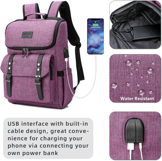 YALUNDISI Vintage Backpack Travel Laptop Backpack with usb Charging Port for Women & Men College Backpack Fits 15.6 Inch Laptop Purple